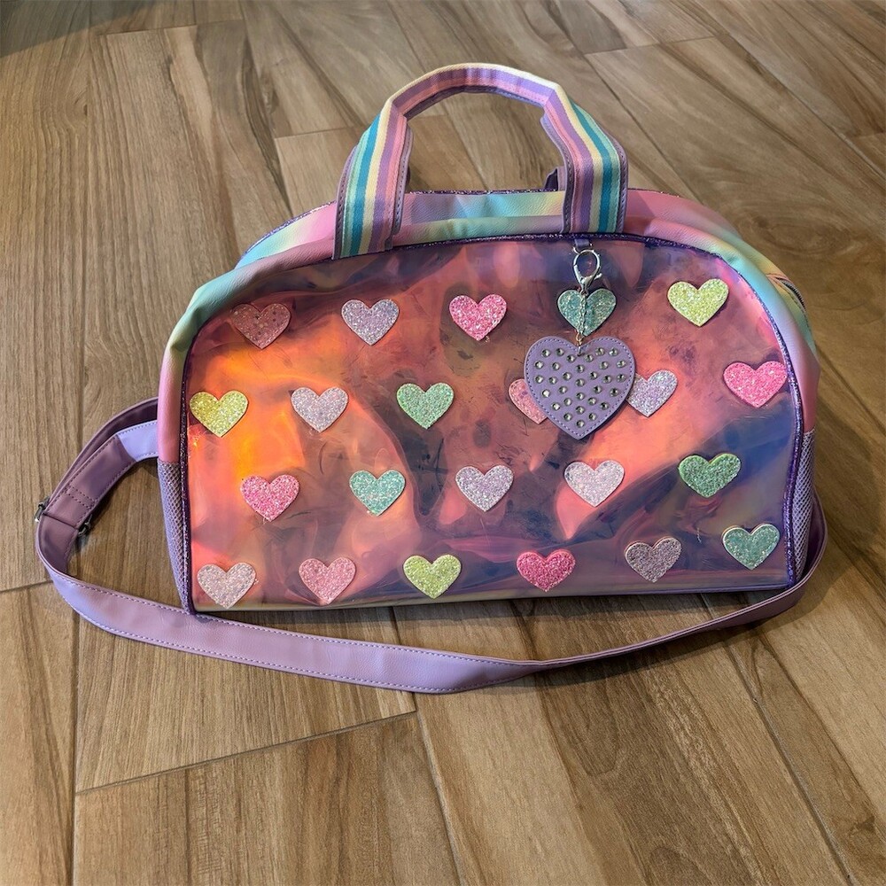 OMG Accessories Womens Iridescent Heart Print Duffle Weekender Bag Strap